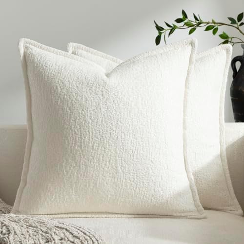 DEZENE Pack of 2 Cream White Decorative Throw Pillow Covers 22x22 Cozy Soft Chenille Accent Vintage Square Couch Pillow Covers for Home Decor Bed Sofa Living Room by DEZENE