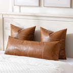 Fancy Homi Brown Boho Long Lumbar Faux Leather Body Decorative Throw Pillow Cover 21x54 Inch for Bedroom Couch Bed Sofa Bench, Hand Stitched Stylish Pillowcase, Rustic Modern Farmhouse Room Decor - Image 2