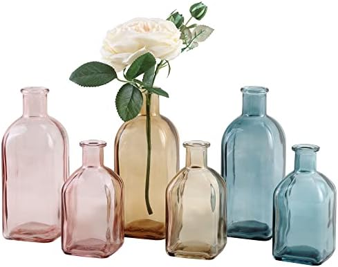 GMWD Glass Flower Vase Set of 6 Clear Bud Vases, 14.5 Oz 8 Oz Apothecary Bottle Assorted Color Vases Decorative for Centerpieces Home Decoration Wedding Reception Table Decor by GMWD