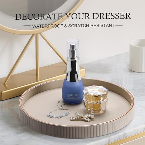 KINGFOM Round Decorative Tray, PU Leather Vanity Tray Organizer with Gold Trim for Dresser, Coffee Table & Bathroom Counter, Modern Home Decor Jewelry & Perfume Tray for Men Women (Beige) - Image 7