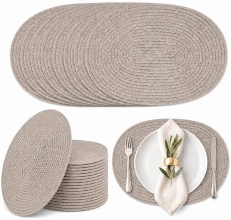 Set of 12 Oval Woven Placemats 16x12 Inch Cotton Rope Plate Chargers Farmhouse Boho Brown Placemats, Washable Non Slip Heat Resistant Table Mats for Kitchen Dining Room Outdoor Patio Decor by Gandeer