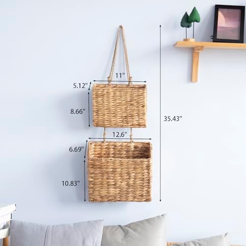 YAHUAN Woven Water Hyacinth Hanging Basket 2-Tiered Storage Baskets Hanging Organizer Hanging Wall Basket for Home,Pantry,Garden, Office Organization (Water Hyacinth) - Image 2