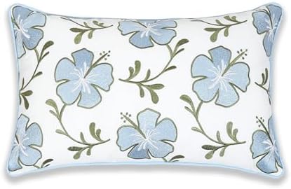 Hofdeco Premium Coastal Patio Indoor Outdoor Lumbar Pillow Cover Only, 12"x20" Water Repellent for Backyard, Couch, Baby Blue Green Embroidered Hibiscus Floral with Piping (Pack of 2) - Image 6