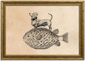 Gold Framed Dog on Fish Wall Art, Funny Animal Canvas Print, 24x16 by Qzzrin