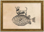 Gold Framed Dog on Fish Wall Art, Funny Animal Canvas Print, 24x16 by Qzzrin