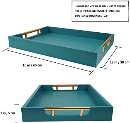 Wooden Decorative Coffee Table Tray, 16" Serving Tray with Handles, Matte Finish Decorative Tray, Ottoman Tray for Living Room, Perfume, Vanity Dresser Organizer (Teal Green) - Image 3