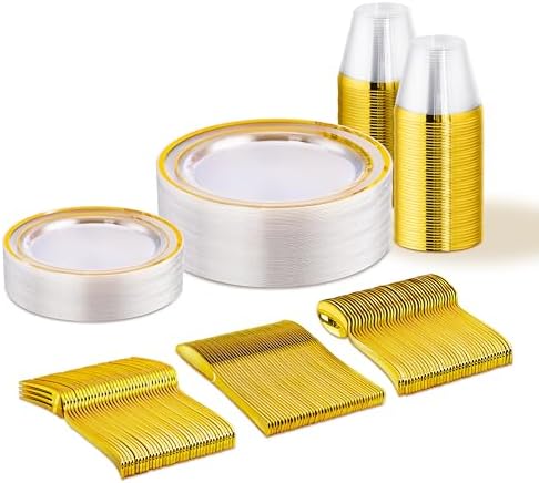 WELLIFE Clear and Gold Plastic Plates, Dinnerware Set for 25 Guests by WELLIFE