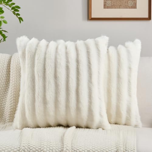 FUTEI Pack of 2 Faux Mink Fur Throw Pillow Covers 18x18 Inch, Cream White by FUTEI