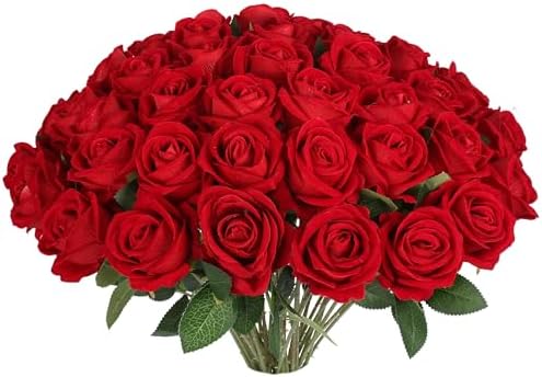 30 PCS Fake Red Roses, Artificial Flowers Bulk, Silk Faux Red Roses by Jefuzh