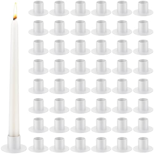 48 Pcs White Metal Taper Candle Holders Bulk for Wedding Pillar Candles Taper Candlesticks Holders Centerpieces Short Candle Stick Dinner Decor for Party Anniversary Dinning Table Gift (48, White) by PINKXHY