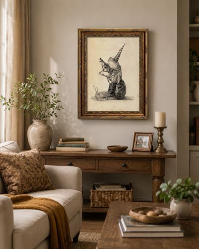Gold Framed Frog Snail Musician Wall Art, Line Art Canvas Print, 16x12 - Image 3