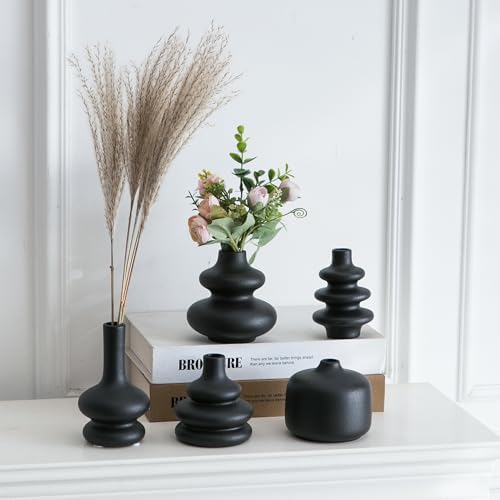 JOJUNO Black Bud Vases, Small Ceramic Vase Set of 5 Modern Home Decor - Image 4