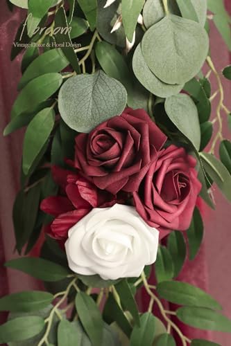 Floroom 6ft Artificial Eucalyptus Garland with Flowers Fake Greenery Faux Floral Vine Garland for Table Decor Wedding Centerpieces Bridal Shower Party Decorations, Burgundy & White - Image 5