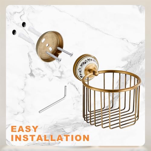 Vintage Wall-Mounted Toilet Paper Holder with Wire Basket Design, Antique Brass, Wall-Mounted Bath Hand Towel Holder with Ceramic Inlay, Vintage Style. - Image 7