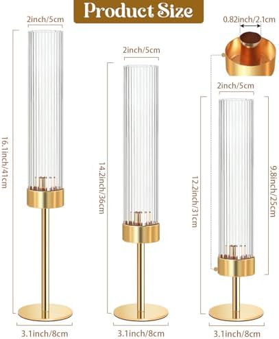 Metal & Acrylic Taper Candle Holders with Ribbed Design - Hurricane Clear Cylinder Candelabra for Wedding, Christmas, Party, Dining Table Centerpiece Decor (Gold, Set of 6) - Image 2