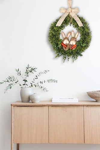22" Spring Easter Wreath for Front Door - Easter Bunny Wreath - Artificial Green Boxwood Wreath with Burlap Bow & Sisal Bunnies - Spring Easter Holiday Decor for Home Door, Porch, Wall,Window - Image 4