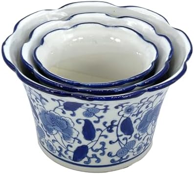 Galt International Blue & White Floral Porcelain Ceramic Decorative Flower Pot 8"/6"/4.5" Garden Pots Chinese Asian Design - Set of 3 Cylinder Fluted Edge - Image 5