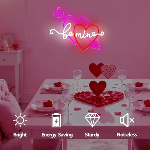 Valentine Be Mine Neon Sign Dimmable Double Hearts Neon Light Flashing Arrow Heart Window Lights Romantic Valentine'S Day Gift for Couples Bedroom Wall Decor - Image 2