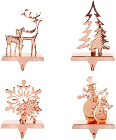 Christmas Stocking Holders for Mantel Set of 4, Stocking Hangers Reindeer Snowman Christmas Tree Snowflake Metal for Fireplace Mantel Holiday Christmas Decorations Stocking Hanger Hook - Rose Gold by anmasrucci