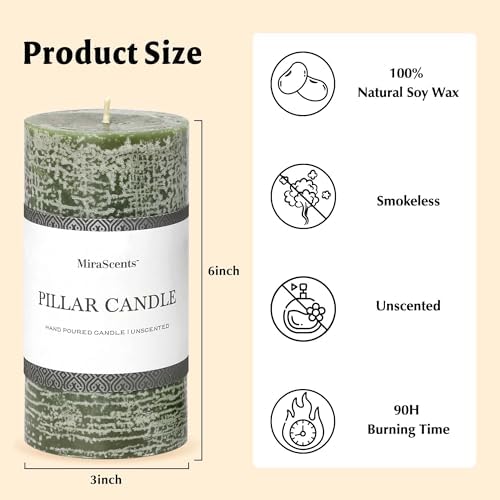3x6 Inch Moss Green Pillar Candles Set of 3 - Unscented Spring Candles, Long Clean Burning, Large Big Candle, Smokeless Dripless Candle for Home Decor, Dinner Table, Bathroom, Rustic Decor - Image 5
