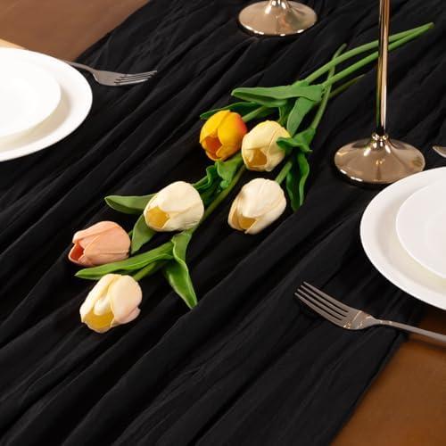 Black Cheesecloth Table Runner Boho Wrinkled Gauze Table Runners - Image 5