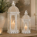 JHY DESIGN Set of 2 Decorative Candle Lanterns 22"&17" H Outdoor Vintage Metal Candle Holder for Garden Living Room Indoor Parties Weddings Patio Home Decor(White with Gold Brush) by JHYDESIGN