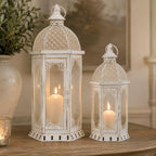 JHY DESIGN Set of 2 Decorative Candle Lanterns 22"&17" H Outdoor Vintage Metal Candle Holder for Garden Living Room Indoor Parties Weddings Patio Home Decor(White with Gold Brush) by JHYDESIGN