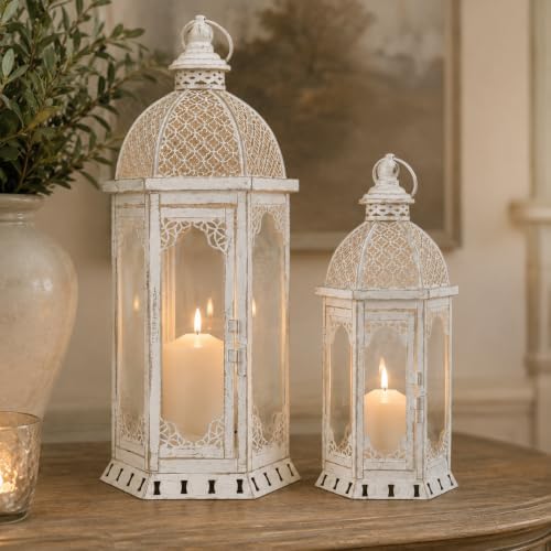 JHY DESIGN Set of 2 Decorative Candle Lanterns 22"&17" H Outdoor Vintage Metal Candle Holder for Garden Living Room Indoor Parties Weddings Patio Home Decor(White with Gold Brush) by JHYDESIGN
