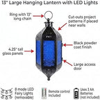 Vela Lanterns Hanging Moroccan Lantern with LED Twinkle Fairy Lights - Exotic Decorative Patio & Porch Decor, Indoor Outdoor Candle Lamp Holder with Chain (13" Large, Cobalt Blue Glass) - Image 6
