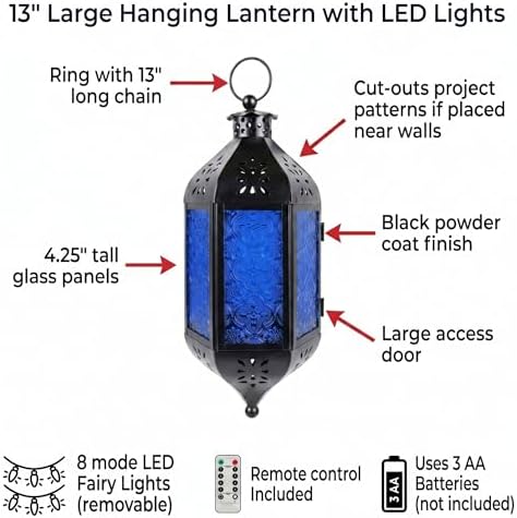 Vela Lanterns Hanging Moroccan Lantern with LED Twinkle Fairy Lights - Exotic Decorative Patio & Porch Decor, Indoor Outdoor Candle Lamp Holder with Chain (13" Large, Cobalt Blue Glass) - Image 6