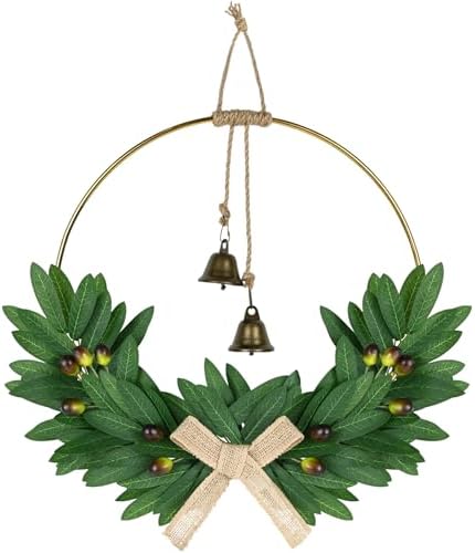 Spring Olive Wreath for Front Door 13" Artificial Spring Greenery Wreath with Olive Leaves Burlap Bow Summer Wreaths All Season for Farmhouse Porch Window Hanging Wall Home Decor by Kuabiz