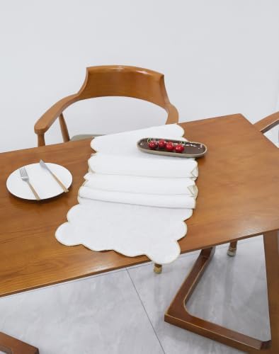 100% Natural Linen Rustic Scalloped Embroidery Table Runner 144 Inches Long, Linen Table Runner 14 x 144 Inch for Dresser and Dining Tables Decor, 12-14 Sets, 14x144'' White(Edges-Gold) - Image 4