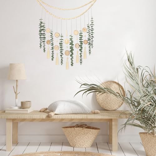 Artificial Eucalyptus Wall Decor with Wicker Ball Natural Boho Home Decorations Hanging Wooden Bead Garland for Large Bedroom Bathroom Living Room, 32 x 32 Inch - Image 4