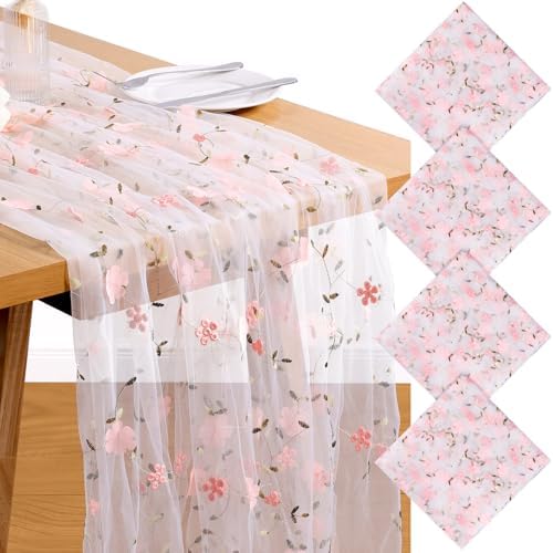 4 Pack Embroidery Floral Table Runner Rustic Spring Summer Wildflower Tulle Table Runner Vintage Flower Kitchen Dining Tabletop Runners Decoration for Home Wedding Party, 108x24.5 Inch (Pink Flowers) by VAIPI