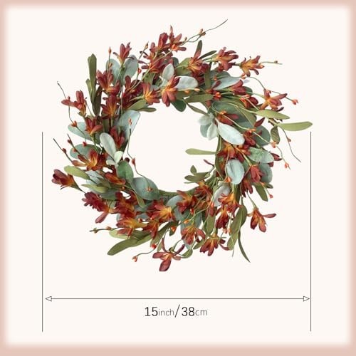 15 Inches 4 Pcs Fall Wreaths for Front Door Artificial Autumn Wreath with Forsythia Flowers Greenery Leaves Orange Berries for Outside Indoor Wall Window Festival Thanksgiving Fall Harvest Decor - Image 3