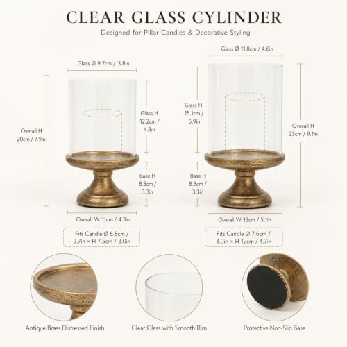 Hurricane Candle Holder with Glass Cylinder Antique Brass Iron Base - Image 2