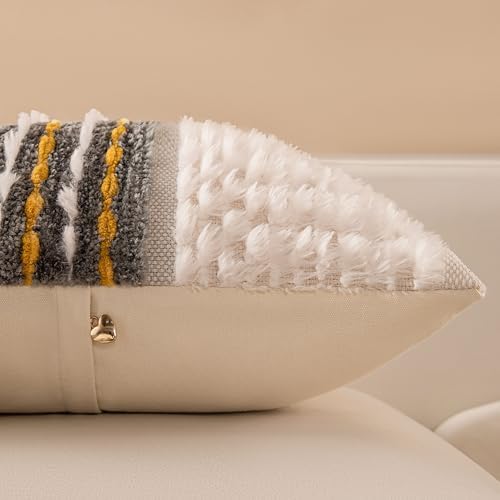 Boho Chenille Tufted Couch Throw Pillow Covers 18x18 Inch Set of 2 Farmhouse Striped Decorative Pillow Covers Accent Neutral Pillowcase Grey Yellow Cushion Cover for Living Room Sofa Bed - Image 6