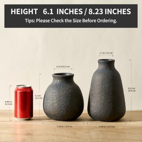 Ceramic Vase Set of 2 for Home Decor, 6.1"+8.23" Handcrafted Black Bronze Rustic Terracotta Vases, Vintage Farmhouse Decor, Minimalist Decorative Vases for Table Centerpiece Fireplace Nightstand - Image 2