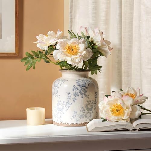 Ronasip Blue Camellia Chinoiserie Vase, 6.2” Crackled White Ceramic Vase with Antique Distressed Edges, Hand-Painted Vintage Floral Vase for Home Decor, Farmhouse Table Centerpiece (Blue, 6.2") - Image 2