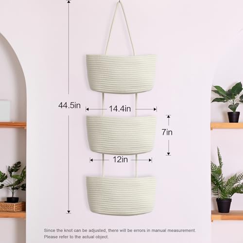 TeoKJ Over the Door Hanging Basket, 3-Tier Woven Cotton Wall-Mounted Storage Organizer Bag Decorative Hanging Nursery Baskets, White - Image 5