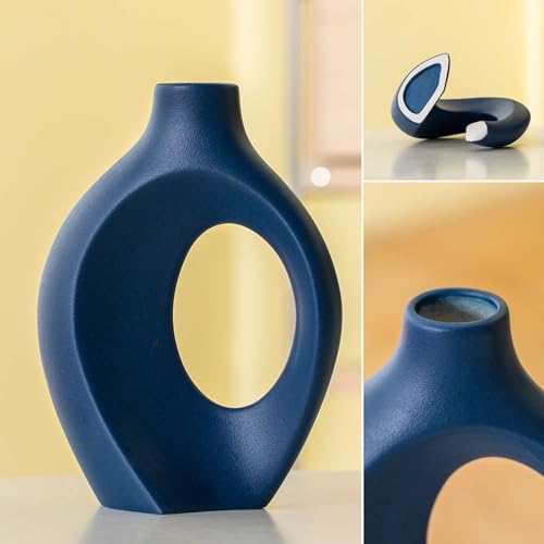 Levvohd Snuggle Hollow Ceramic Vase Set of 2, 8.4 inch Modern Nordic Coastal Shaped Pampas Grass Aesthetic Decorative Table Vases for Home Decor (Matte Navy Blue - M) - Image 7