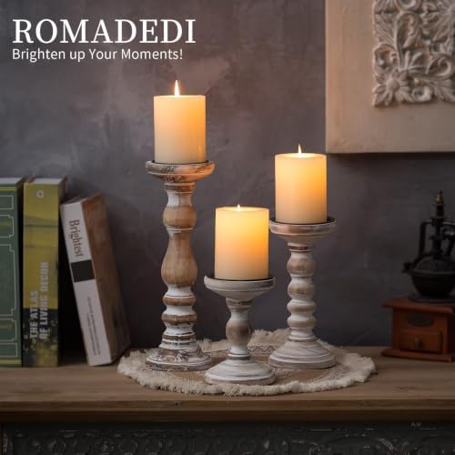 Romadedi Rustic Whitewashed Solid Wood Pillar Candle Holders, Set of 3 - Image 6