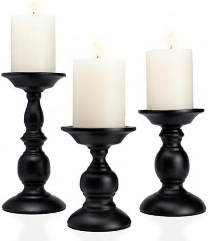 BANOMII Black Pillar Candle Holders Set of 3, Vintage Candle Holder for Table Centerpiece & Fireplace Decor, Decorative Antique Candle Stand for Dining & Living Room Decoration by BanomiiHome