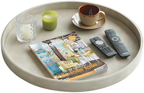 HofferRuffer Large Round Serving Tray 24'', Elegant Faux Leather Circle Ottoman Table Tray, Serve Tea Coffee Breakfast in Bedroom Living Room Kitchen (Cream White) - Image 4