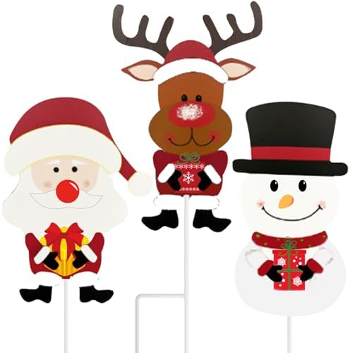 3 Pack 23.3 Inches Christmas Yard Signs with Stakes, Metal Standing Reindeer, Santa Claus, and Snowman Yard Signs for Garden Decor, Outdoor Winter Xmas Ornaments for Home Front Door Lawn Decorations by Jremreo