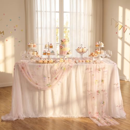 QueenDream 3 Packs Pink Floral Table Runner Sheer Gauze Embroidery Wildflower Table Runner Fabric for Wedding Home Party Dining Table Decortaions - Image 3