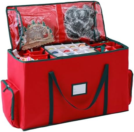 2-In-1 Christmas Decoration Ornament Organizer Box， Movable Pallet Santas Bags Ornament Storage Containers, Holds 73 Holiday Ornaments, Adjustable Space For Figurines And Pockets For Decoration by BIEBOS