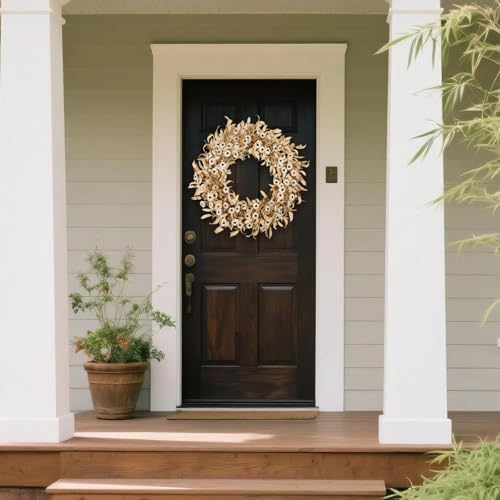 24 Inch White Floral Wreaths for Front Door - Spring Summer Decor with Artificial Eucalyptus, Boxwood & Grain Stems, All Season Farmhouse Wreath for Indoor Outdoor - Image 5