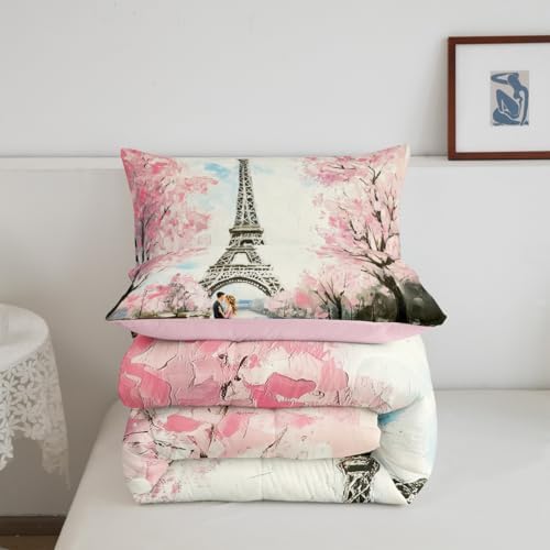 Paris Decor Comforter Set King Girly French Eiffel Tower Bedding Sets For Girls Kids Women Couple Bedroom Pink Cherry Blossoms Duvet Insert Watercolor Paris Tower Comforter Valentine 3 Pieces - Image 6