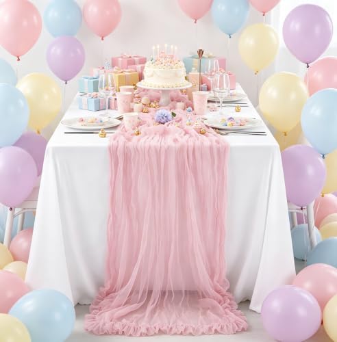 16 Pack Light Pink Cheesecloth Table Runner 10FT Boho Gauze Cheese Cloth Table Runner Vintage Rustic Sheer Table Runners for Wedding Bridal Baby Shower Birthday Party Table Decorations - Image 2